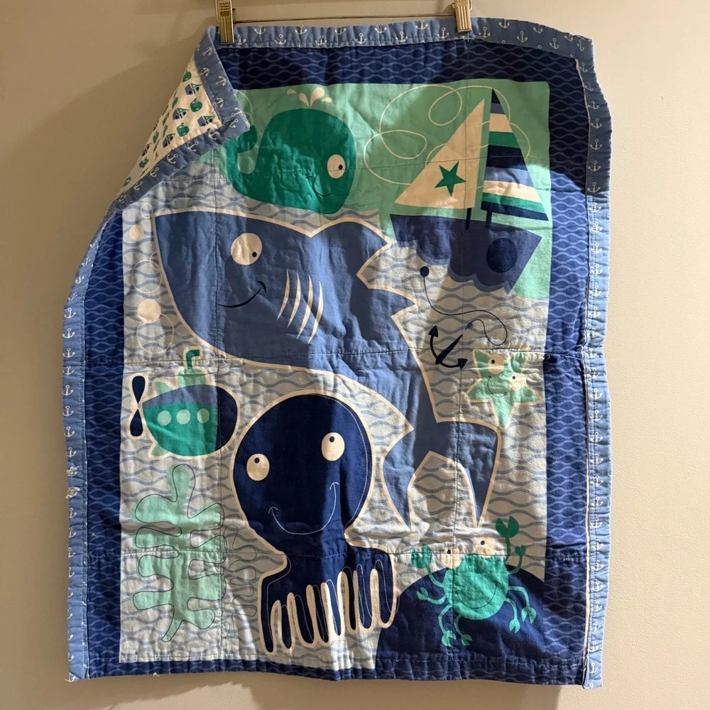 Handmade Nautical Baby Quilt Blue Teal Whale Shark Sailboat Reversible Unisex